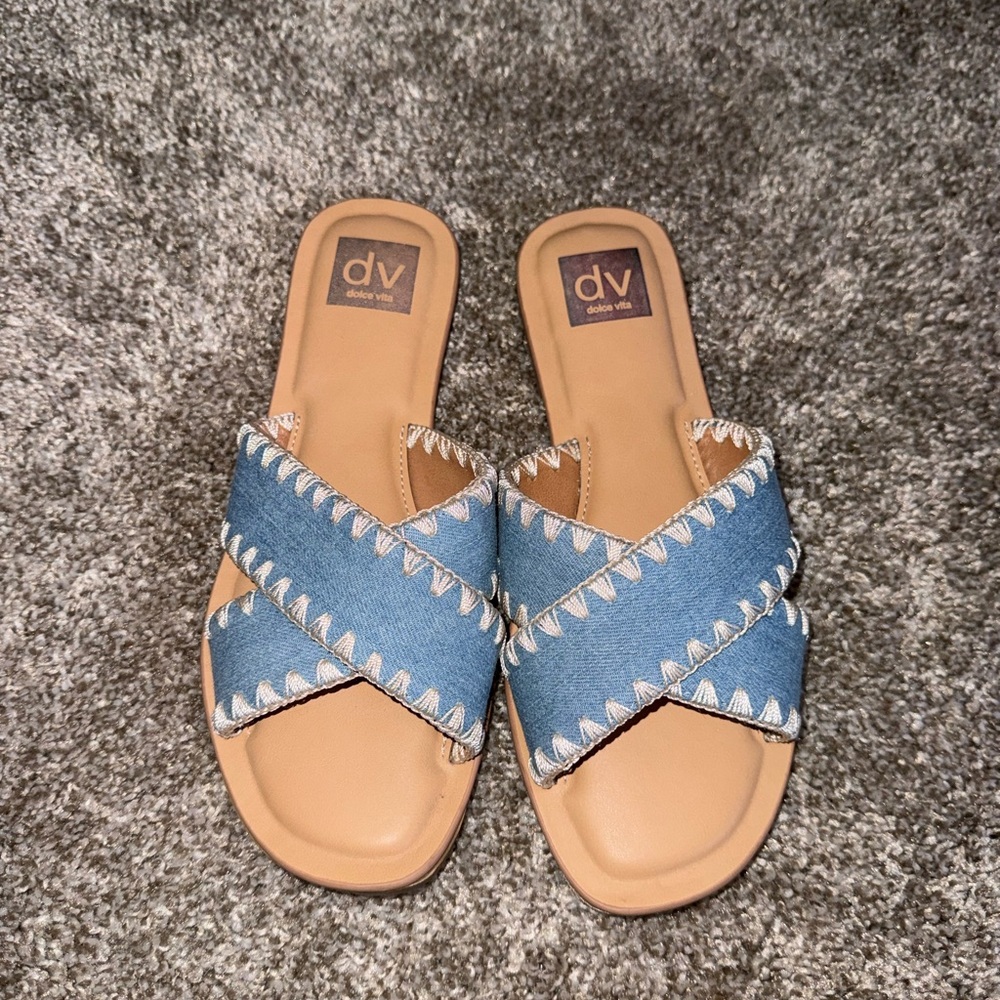 Dolce Vita Denim Crisscross Slide Sandals in Blue and Tan